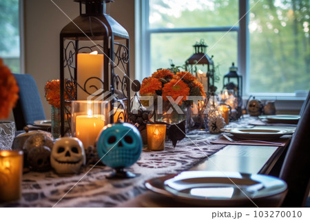 Halloween table setting with pumpkins and skulls 103270010