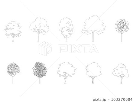 tree line drawing, Side view, graphics trees elements single object outline minimal plant symbol for architecture and landscape design. Vector illustration in stroke fill in white. forest, tropical. 103270684