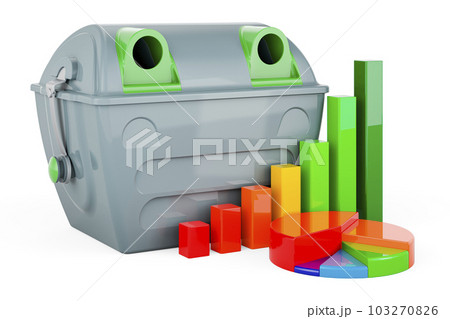 Gray garbage container with growth bar graph and pie chart, 3D rendering 103270826