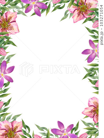 Vertical rectangle floral frame with watercolor hellebores, crocuses, green leaves isolated on white background. Botanical illustration for postcard design, invitation template, greetings 103271054