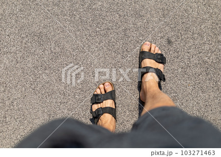 Male feet in slippers view from above 103271463