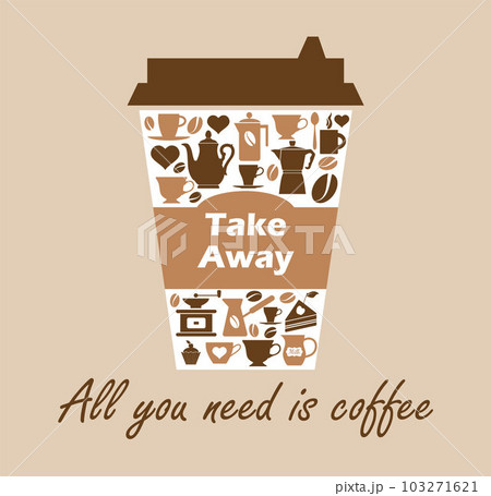 Vector illustration coffee cup icon on biege background. Coffee cup logo with icons Take away cuo of cofe Vector illustration coffee cup icon on biege background. Coffee cup logo with icons Take away cuo of cofe 103271621