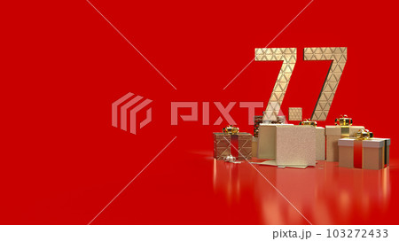 The gold number 7.7 on gift box on red Background  for promotion concept 3d rendering 103272433