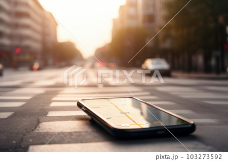 An abandoned smartphone on the side of the road, a symbol of our society's constant need for the latest technology. Is AI Generative. 103273592