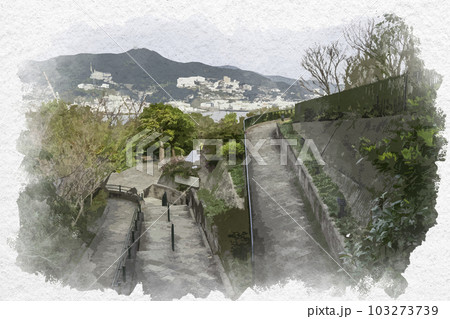 水彩画風　長崎　グラバー園　車いすスロープ　長崎県長崎市 103273739