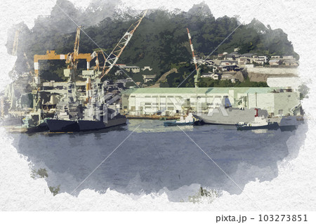 水彩画風　長崎　グラバー園からの長崎造船所　護衛艦　長崎県長崎市 103273851