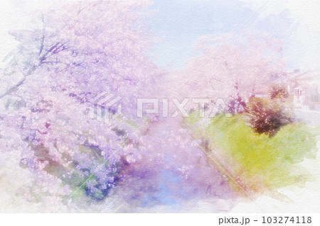[愛知県]名古屋市の堀川と桜の水彩画 103274118
