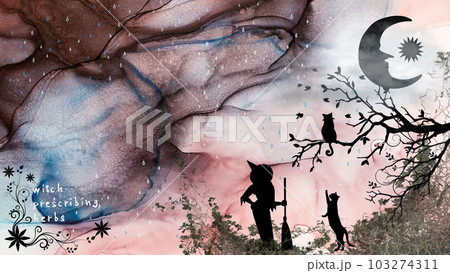 魔女と黒猫と三日月の夜　背景 103274311