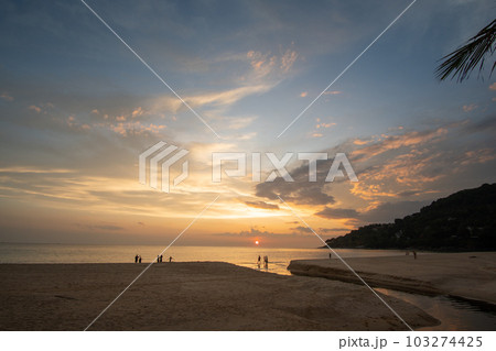 aerial view amazing sky above Karon beach Phuket at colorful sunset. 103274425