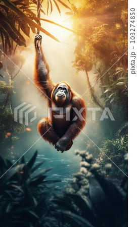 Orangutan Swinging Effortlessly through Lush Canopy of Tropical Rainforest. Generative ai Orangutan Swinging Effortlessly through Lush Canopy of Tropical Rainforest. Generative ai 103274850