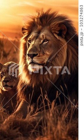 Pride of African Lions Resting Together in the Golden Light of a Sunset. Generative ai 103274863