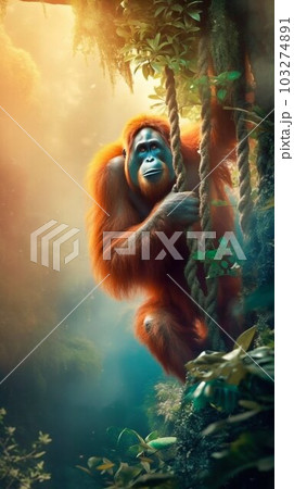 Orangutan Swinging Effortlessly through Lush Canopy of Tropical Rainforest. Generative ai 103274891