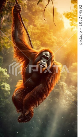 Orangutan Swinging Effortlessly through Lush Canopy of Tropical Rainforest. Generative ai 103274892