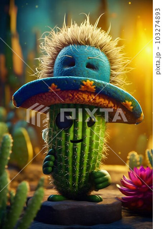 Cactus Cartoon Character Wearing Sombrero. Generative ai 103274893