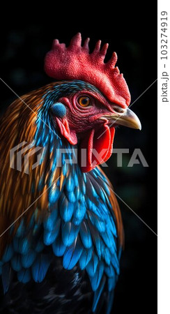 Colorful Rooster Portrait Studio Shot on Dark Background. Generative ai Colorful Rooster Portrait Studio Shot on Dark Background. Generative ai 103274919
