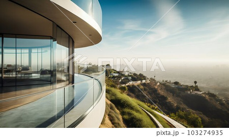 Modern Architectural Mansion with Pool on the Top of a Sinuous Hill. Generative ai 103274935