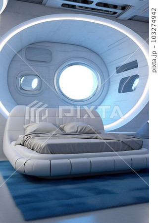 Futuristic Bedroom Decor with Large White Bed in Futuristic Room Interior. Generative ai Futuristic Bedroom Decor with Large White Bed in Futuristic Room Interior. Generative ai 103274942