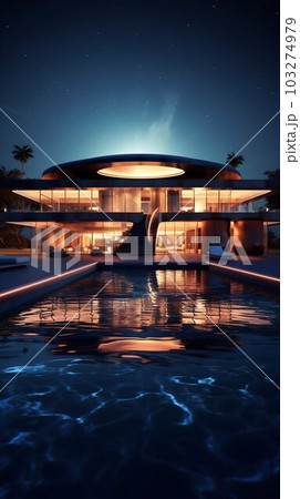 Architecture Modern Illuminated Luxury House Design at Night. Generative ai 103274979