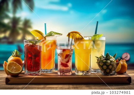 Tropical Drinks on Wooden Outdoor Beach Bar Menu. Generative ai Tropical Drinks on Wooden Outdoor Beach Bar Menu. Generative ai 103274981