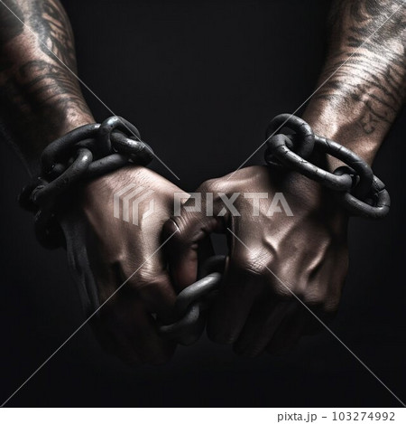 Black Prisoners Tattoo Hands Wrists in Shackles. Generative ai Black Prisoners Tattoo Hands Wrists in Shackles. Generative ai 103274992