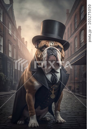 Victorian english bulldog sitting with a top hat and posing on the streets of old London. Generative AI Victorian english bulldog sitting with a top hat and posing on the streets of old London. Generative AI 103275050