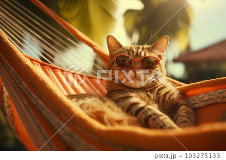 Cat with Sunglasses Relaxing on a Hammock. Generative ai 103275133