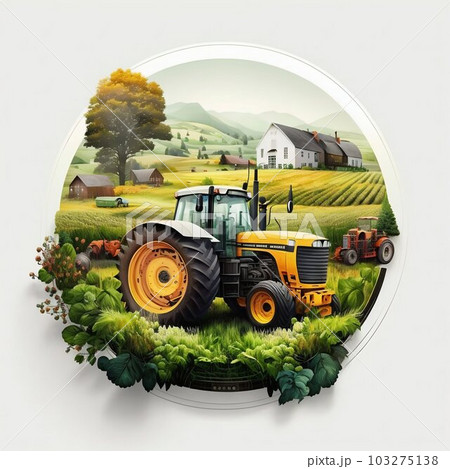 Circular Design Logo of Modern Tractor in Center with Agricultural Fields Isolated on White Background. Generative ai 103275138