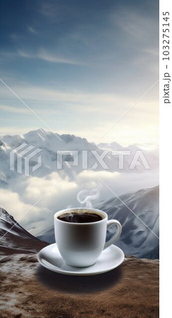 Cup of Coffee Above Mountains in Snow. Generative ai 103275145
