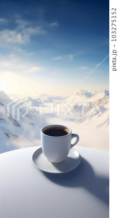 Cup of Coffee Above Mountains in Snow. Generative ai 103275152