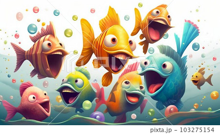 Happy Fishes at an Underwater Party. Generative ai 103275154