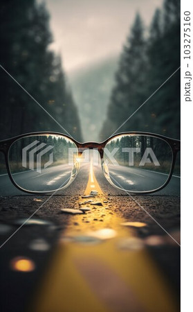 Road Leading to Source of Light behind Eyeglasses with Blurred Background. Generative ai Road Leading to Source of Light behind Eyeglasses with Blurred Background. Generative ai 103275160