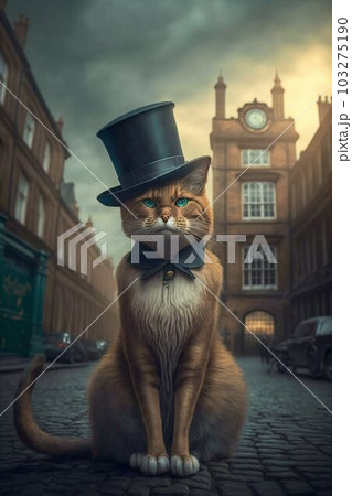 Victorian cat with a top hat posing on the streets of old London. Generative AI 103275190