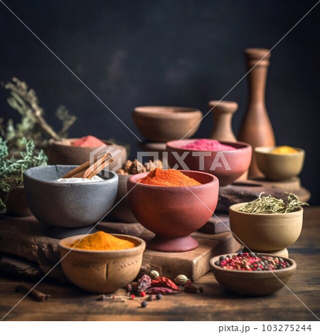 Various Spices and Herbs in Rustic Bowls on Dark Moody Background. Generative ai 103275244