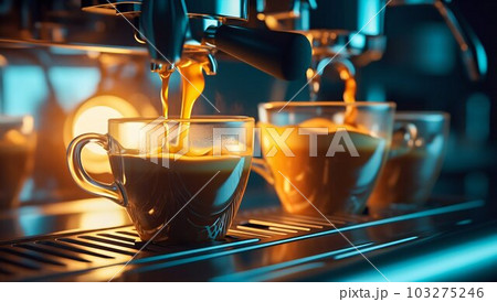 Espresso Machine Pouring Coffee into Cup Close-up. Generative ai Espresso Machine Pouring Coffee into Cup Close-up. Generative ai 103275246