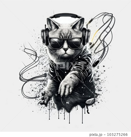 Cat DJ in Sunglasses Isolated on White - Stock Illustration