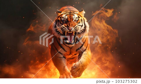 Fierce Tiger Jumping and Roaring with Chains and Flames in Red and Yellow Tones. Generative ai 103275302