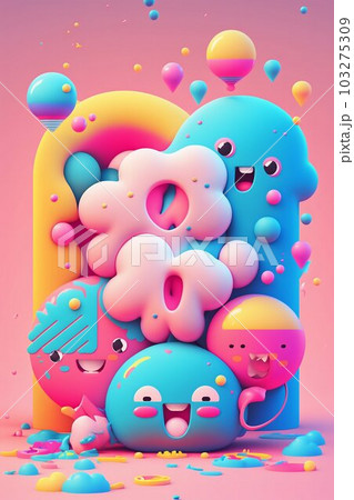Kawaii Cute Happy Characters Illustration in Neon Pink, Blue, Yellow Colors. 103275309