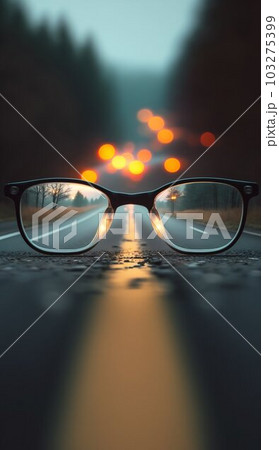 Road Leading to Source of Light behind Eyeglasses with Blurred Background. Generative ai Road Leading to Source of Light behind Eyeglasses with Blurred Background. Generative ai 103275399