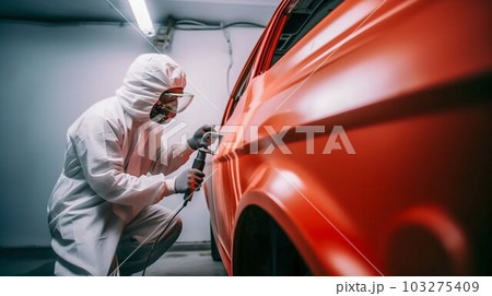 Person Spray Painting Car in Red Color in Special White Painting Box, Wearing Protective Gear. Generative ai Person Spray Painting Car in Red Color in Special White Painting Box, Wearing Protective Gear. Generative ai 103275409