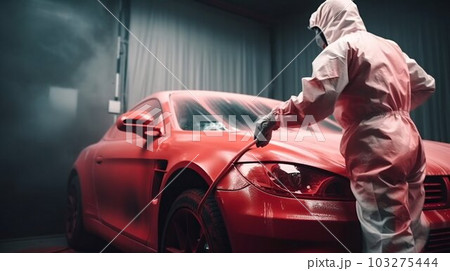 Person Spray Painting Car in Red Color in Special White Painting Box, Wearing Protective Gear. Generative ai Person Spray Painting Car in Red Color in Special White Painting Box, Wearing Protective Gear. Generative ai 103275444