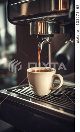 Espresso Machine Pouring Coffee into Cup Close-up. Generative ai Espresso Machine Pouring Coffee into Cup Close-up. Generative ai 103275462