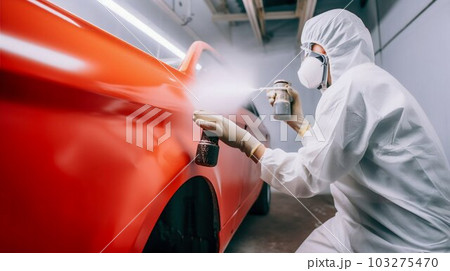 Person Spray Painting Car in Red Color in Special White Painting Box, Wearing Protective Gear. Generative ai Person Spray Painting Car in Red Color in Special White Painting Box, Wearing Protective Gear. Generative ai 103275470