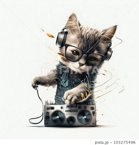 Cat DJ in Sunglasses Isolated on White - Stock Illustration