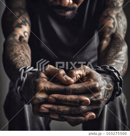 Black Prisoners Tattoo Hands Wrists in Shackles. Generative ai Black Prisoners Tattoo Hands Wrists in Shackles. Generative ai 103275500