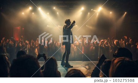 Singer Performing on Concert Stage, Surrounded by Energetic Crowd and Illuminated by Stage Lights. Generative ai 103275508