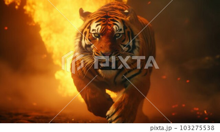 Fierce Tiger Jumping and Roaring with Chains and Flames in Red and Yellow Tones. Generative ai 103275538