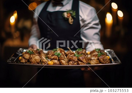 Waiter Carrying Plates with Meat Dish. Generative ai 103275553