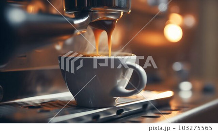 Espresso Machine Pouring Coffee into Cup Close-up. Generative ai Espresso Machine Pouring Coffee into Cup Close-up. Generative ai 103275565