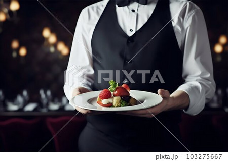 Waiter Carrying Plate with Fancy Food, Served Michelin Style. Generative ai Waiter Carrying Plate with Fancy Food, Served Michelin Style. Generative ai 103275667