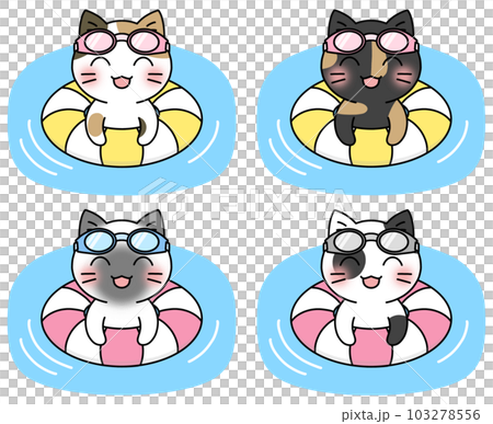 A set of 4 types of illustrations of cats in goggles floating in water using a floating ring (calico cat, Siamese cat, rusty cat, spotted cat) 103278556